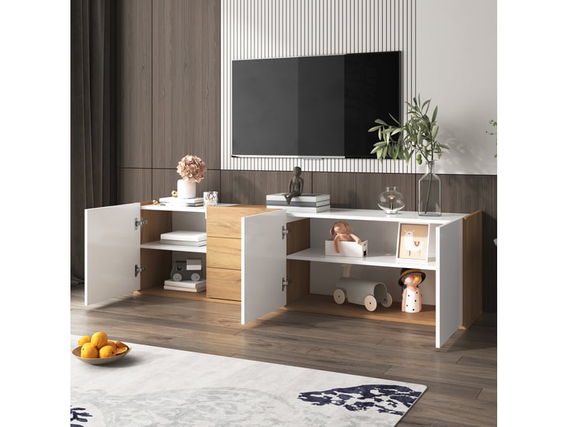  Meuble tv modenvie 171,5 x 35 x 47 cm 3 portes 3 tiroirs mdf blanc et couleur bois  - Conforama D