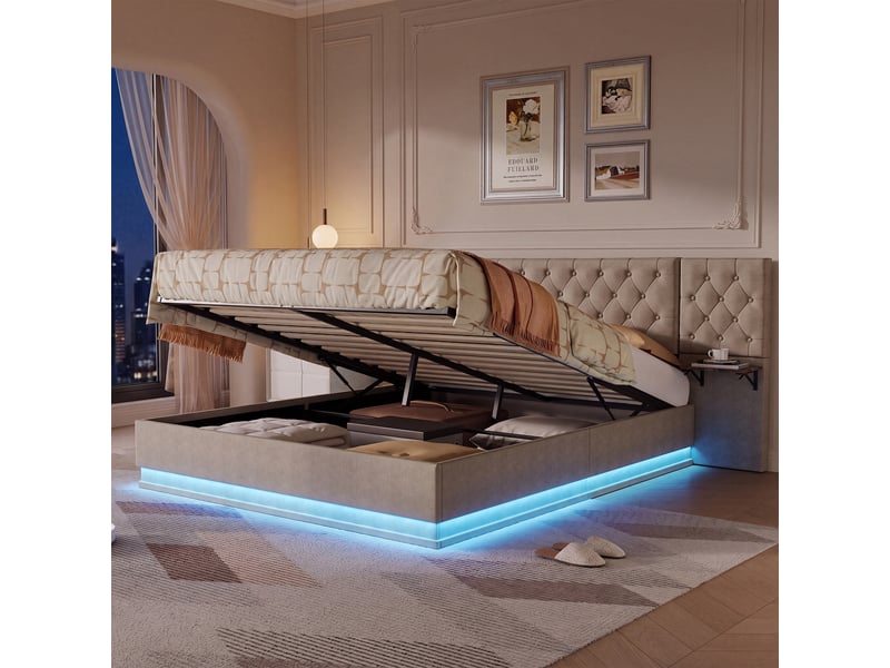  Lit 140x200cm - lit coffre 140x200 - lit double led avec tête de lit large et tables de chevet intégrées - en lin beige  - Conforama C