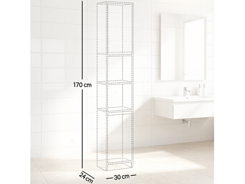  Armoire de salle de bain étroite avec 2 portes, 2 niches et étagères réglables, gris et chêne, 30 × 24 × 170 cm  - Conforama E