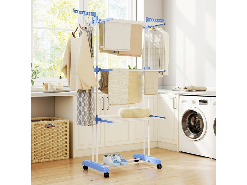  Séchoir à linge vertical pliable à roulettes, 3 niveaux avec ailettes repliables, 73 x 64 x 172 cm, bleu et blanc  - Conforama D