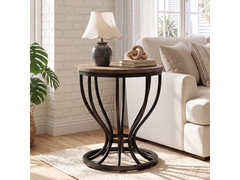  Table d'appoint ronde (50 cm) au design industriel, avec plateau en bois et structure en métal – petite table basse ou table de chevet pour salon, chambre ou balcon  - Conforama E