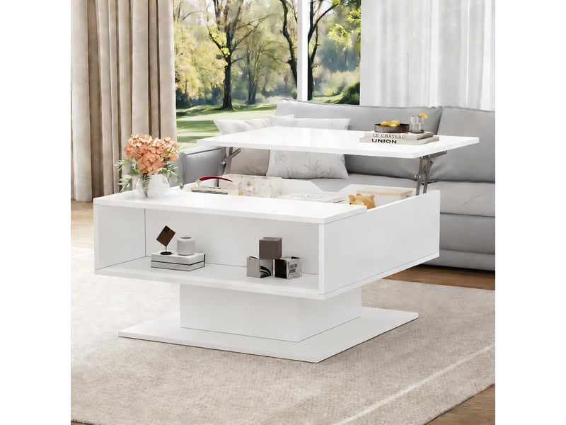  Table basse relevable led avec rangement, plateau 40 à 54 cm, 80 x 75 cm, blanc brillant  - Conforama C