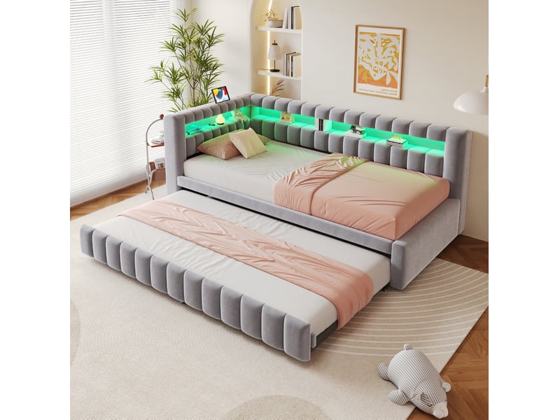  Lit gigogne 90x200 cm avec éclairage led et ports usb et type c, en velours gris clair  - Conforama B