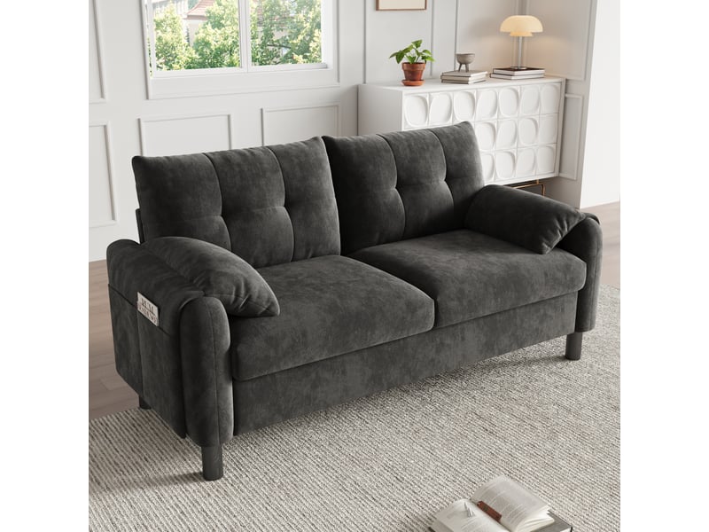  Canapé 2 places en chenille gris avec poches latérales et 2 coussins inclus, design scandinave  - Conforama B