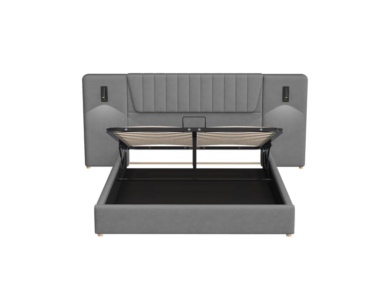 Lit coffre 180x200 avec tête de lit xl - lit rembourré - velours gris, liseuses orientables, ports usb, sans matelas - Conforama A