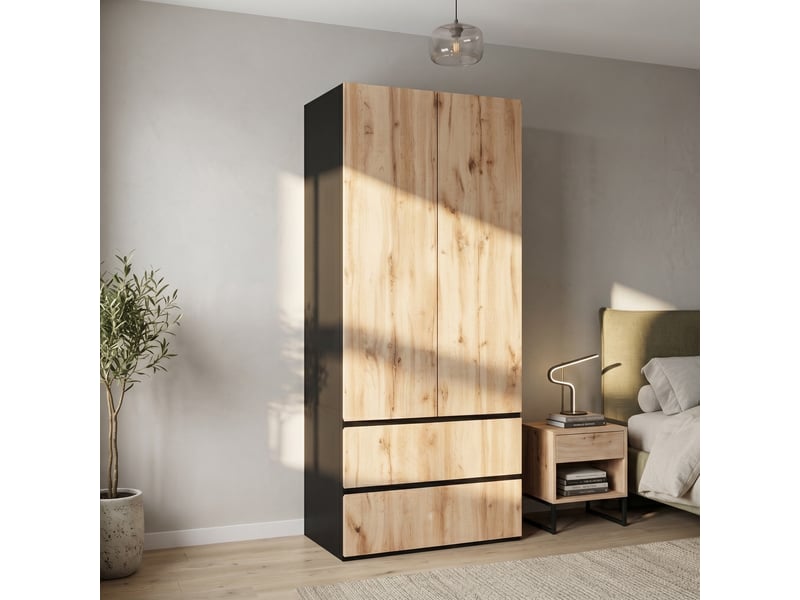 Armoire haute 90 x 50 x 200 cm, 2 portes, 1 tringle à vêtements, 2 tiroirs, design moderne, chêne artisanblanc Bliss Lite - Conforama D