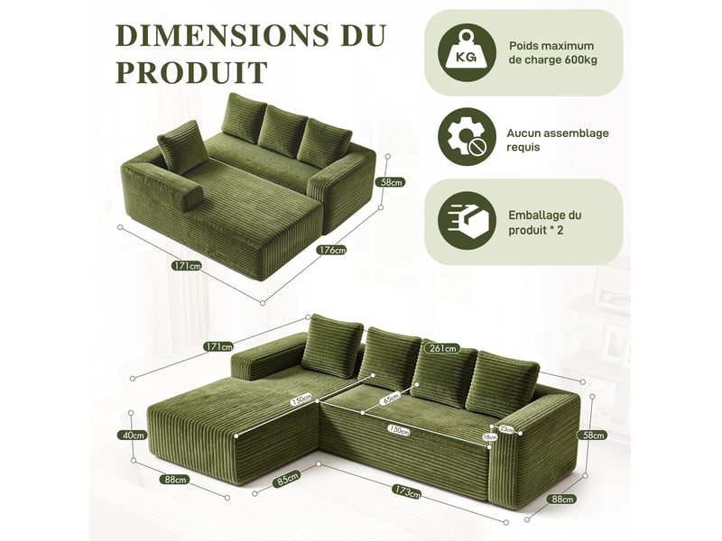  Canapé d'angle modulaire 4 places avec méridienne réversible sans montage en velours côtelé vert  - Conforama C