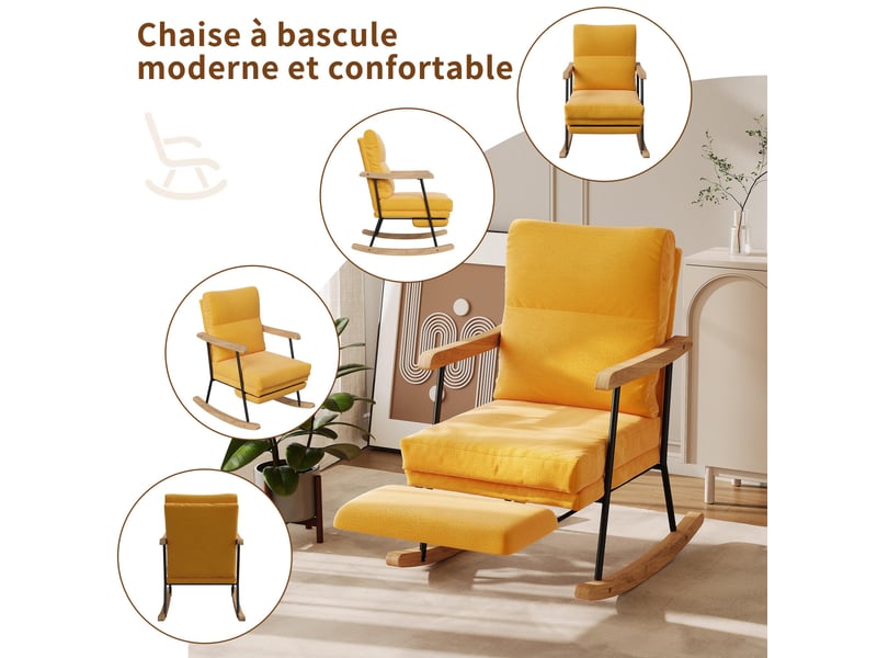  Fauteuil à bascule - 97,5x64,5x94cm - chaise basculant  en coton-lin avec repose-pieds coulissant &amp; armature métal - orange  - Conforama D