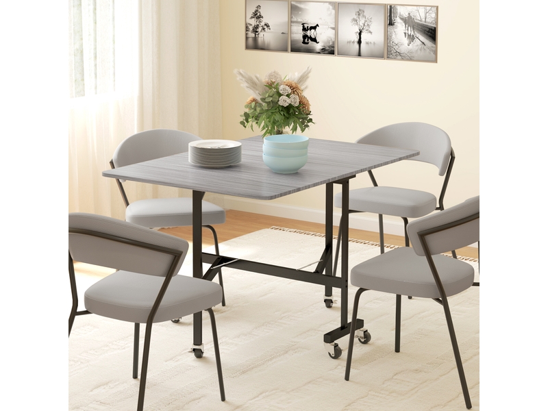  Table à manger pliante sur roulettes pour 4-6 personnes 120 cm, roues avec freins, 2 abattants, style industriel, gris  - Conforama A