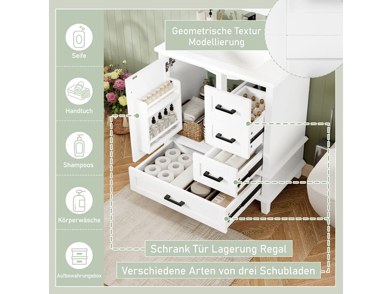 Meuble vasque sur pied blanc, 76 x 46 x 83,5 cm, en mdf et céramique, avec 3 tiroirs à coulisses silencieuses - Conforama E