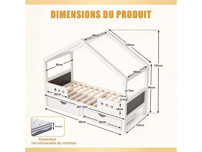  Lit cabane enfant 90x200 cm avec 2 tiroirs et tableau noir, bois et mdf, sommier à lattes, blanc  - Conforama C