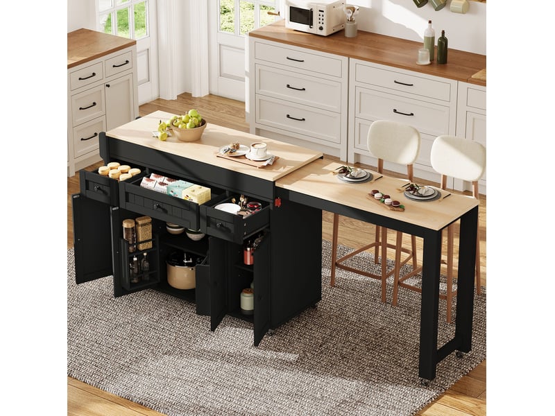  Îlot de cuisine mobile extensible 137-190,6 cm avec 3 tiroirs, noir et naturel  - Conforama B
