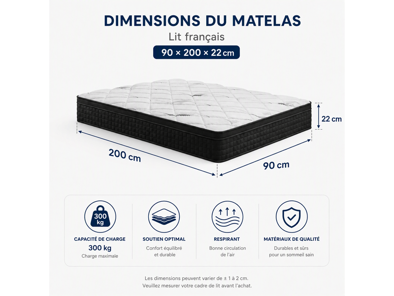 Matelas 90x200 | epaisseur 22cm | haute densité | matelas 1 personne Confort Idéal pour Vos Nuits - Conforama C