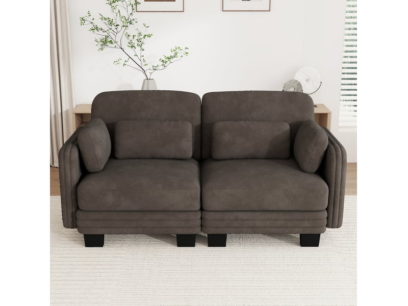  Canapé droit modulable 2 places en chenille marron avec coussins lombaires et d’accoudoirs  - Conforama E