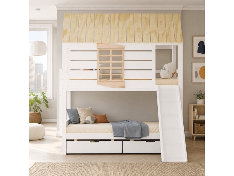  Modenvie lit superposé cabane 90x200 cm - avec toboggan, 2 tiroirs, fenêtre coeur - blanc et naturel  - Conforama D