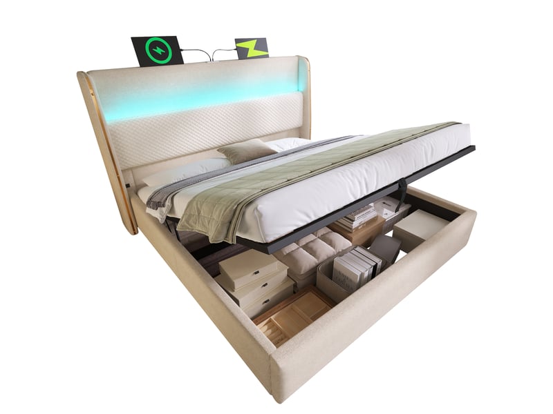  Lit coffre 180x200 cm avec led, ports usbtype-c et rangement bois métal beige avec matelas  - Conforama A