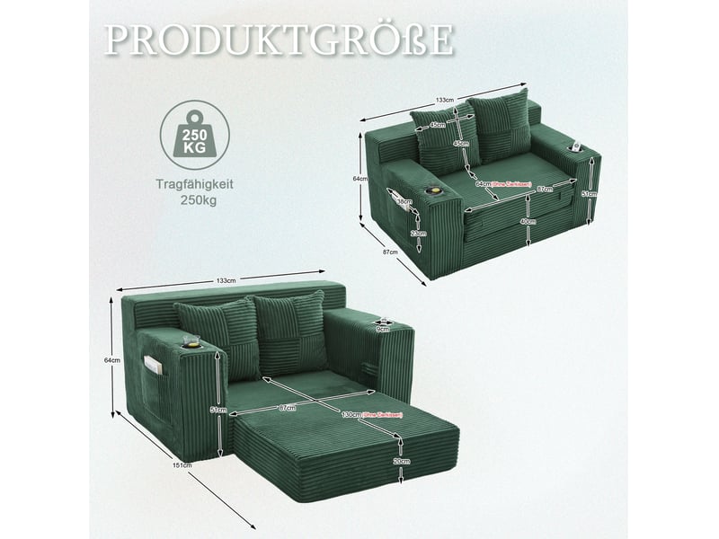  Canapé-lit 2 places 151x133x64 cm avec poches latérales vert émeraude sans matelas  - Conforama E