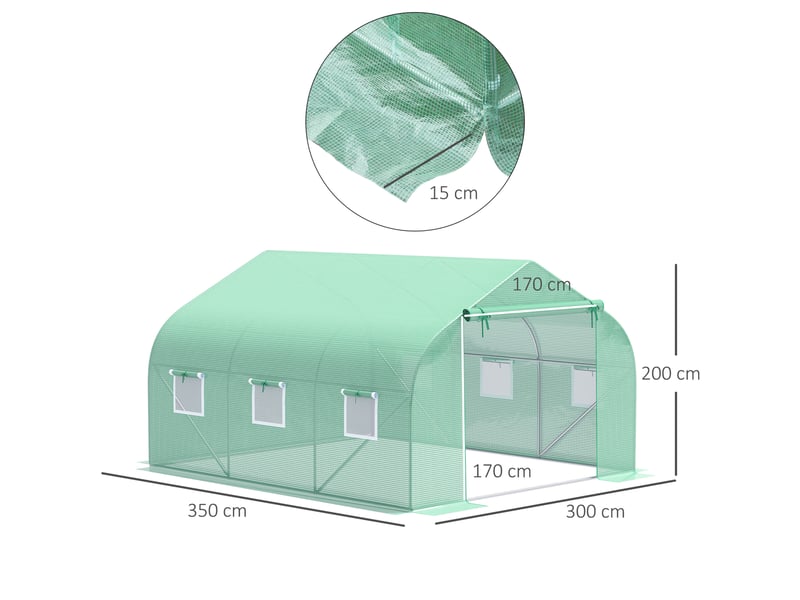  Serre de jardin 350 x 300 x 200 cm verte en acier galvanisé, porte zippée et fenêtres enroulables latérales  - Conforama C