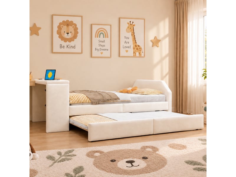 Lit enfant 140x200 cm, lit double rembourré en velours beige avec lit gigogne 90x200 cm, bureau intégré, port usb, 3 couchages, gain de place - Conforama C