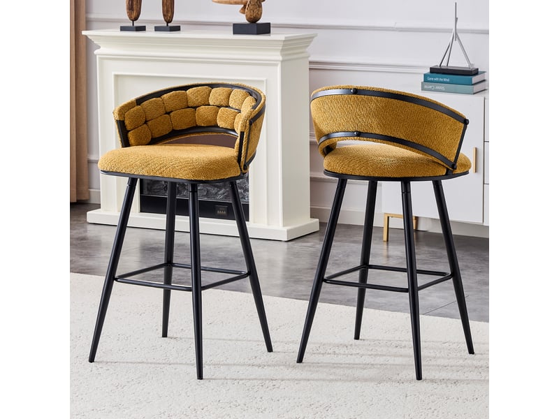 Lot de 2 tabourets de bar velours jaune avec dossier tressé et pieds en métal noir, hauteur 98.5 cm - Conforama B