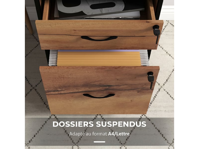  Caisson de bureau mobile 2 tiroirs et 1 étagère sur roulettes marron 44 x 40 x 66,5 cm  - Conforama E