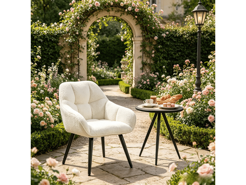  Fauteuil ergonomique avec accoudoirs et patins réglables en tissu bouclette crème, 52 × 78,5 × 53,5 cm  - Conforama B