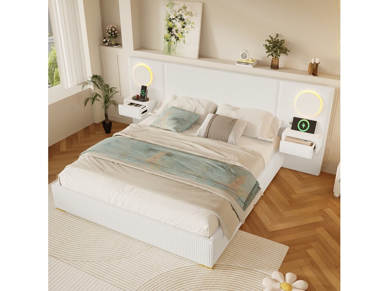  Lit rembourré 180 × 200 cm 2 places avec led réglable, usb, tiroirs de chevet, sans matelas, velours beige  - Conforama C