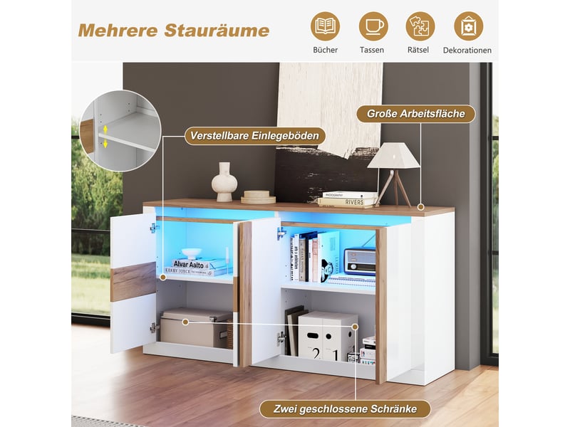  Buffet led blanc brillant effet chêne, meuble en mdf à 4 portes avec étagères réglables, commande mobile et vocale, 140 x 35 x 70 cm  - Conforama R