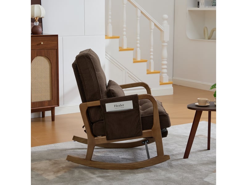  Fauteuil à bascule velours côtelé marron avec repose-pieds rétractable, dossier réglable et coussin lombaire, 70x80x92 cm  - Conforama W