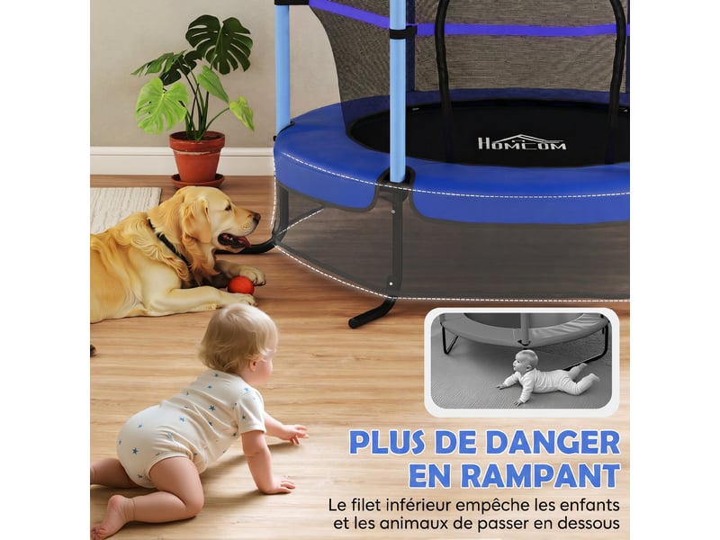  Trampoline enfant ø 1,63 × 1,9h m filet de sécurité porte zipée couvre-ressorts 6 poteaux rembourrés inclus bleu  - Conforama E