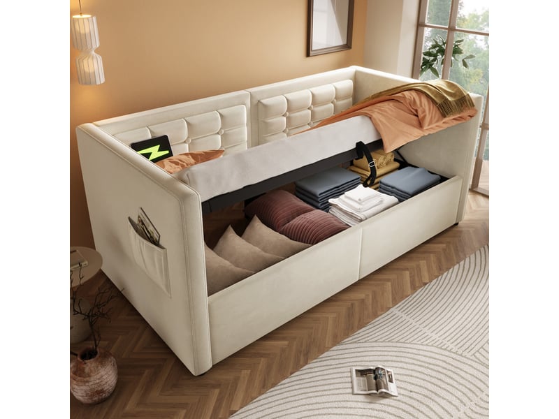  Lit banquette 90 x 200 cm avec coffre, usb et usb-c, velours beige, sans matelas  - Conforama B