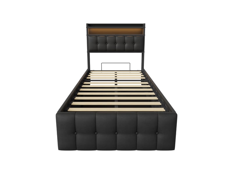 Lit coffre 90x200 avec led et usb, lit simple avec espace de rangement hydraulique cadre de lit rembourré avec tete de lit lits 1 place pour adolescent et chambre d'amis noir pu, sans matelas - Conforama W