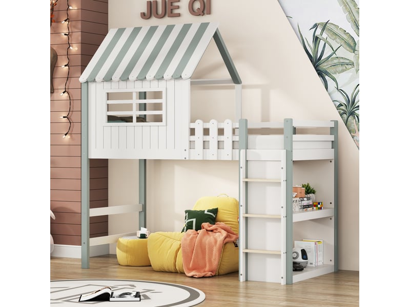 Lit enfant 90x200cm, lit simple, lit mezzanine, sommier, espace de rangement, escalier intégré, vert, sans matelas - Conforama D