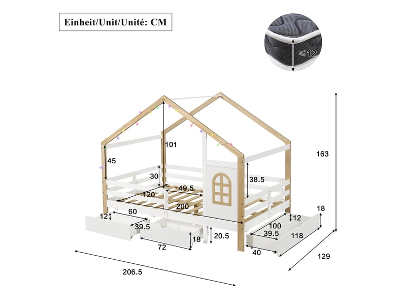  Lit cabane 120x200 cm - barrière de sécurité - avec tiroirs - bois - structure fonctionnelle - design moderne - bois naturel et gris CozyNest - Conforama D