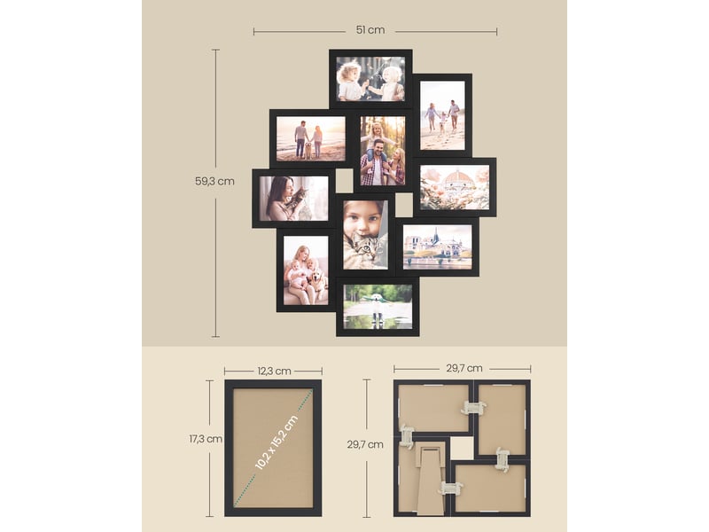 Cadre photo multiple, pêle-mêle mural pour 10 photos, noir - Conforama D