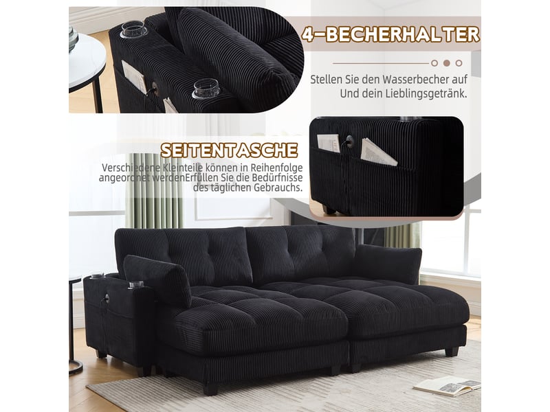 Canapé modulable 2 places séparable en 2 fauteuils avec 2 coussins, 4 porte-gobelets, 4 poches latérales, ports usb, velours côtelé, noir - Conforama E