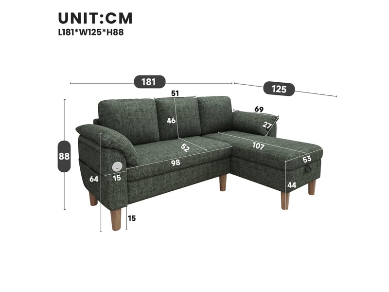  Canapé d'angle réversible 3 places 181 x 125 cm vert chenille, rangement, usb type-c et poches latérales  - Conforama C