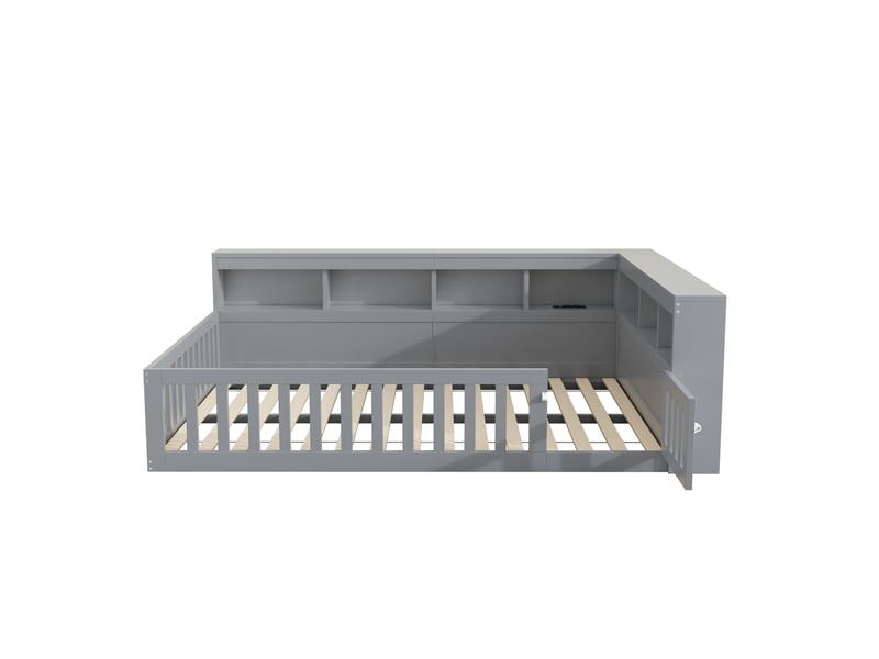  Lit enfant 140x190 cm, canapé-lit,  rangement, prise et usb, sommier, aggloméré, gris, sans matelas  - Conforama D