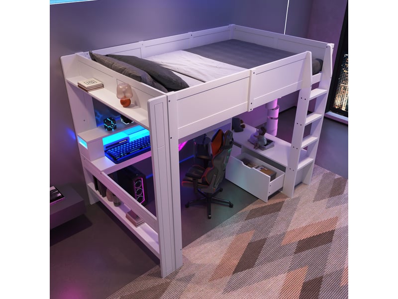  Lit mezzanine 140x200 cm avec bureau, rangements led et garde-corps, lit enfant avec sommier à lattes en pin blanc  - Conforama D