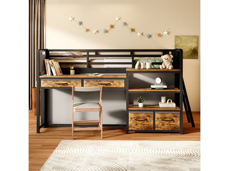 Lit mezzanine métal 140x200 cm - avec bureau et 4 tiroirs - étagères et éclairage led - barrières de sécurité - noir(sans matelas) - Conforama B