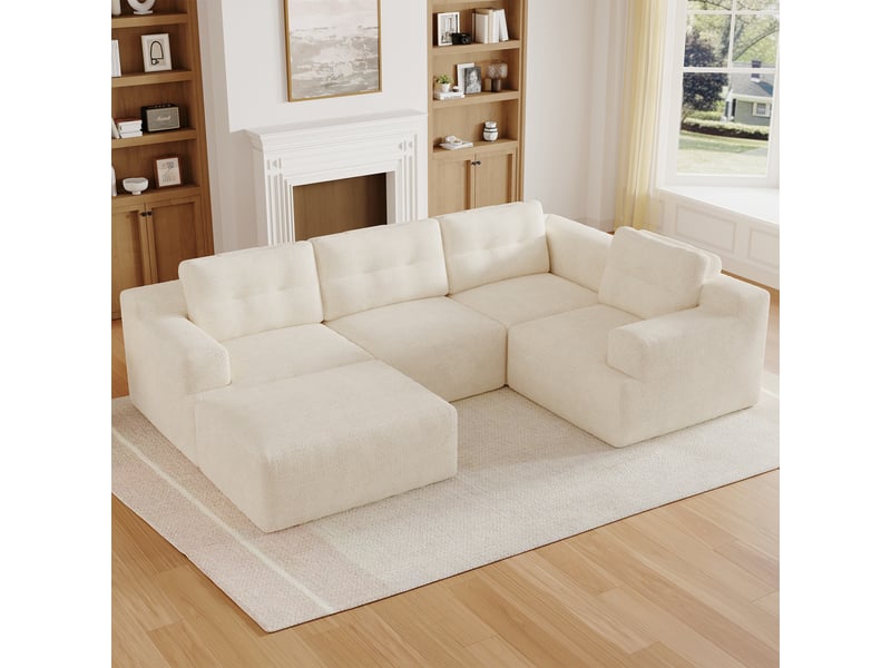  Canapé modulable panoramique 5 places en chenille, assise profonde, configuration l ou u, sans montage, 252 × 180 cm, beige  - Conforama D