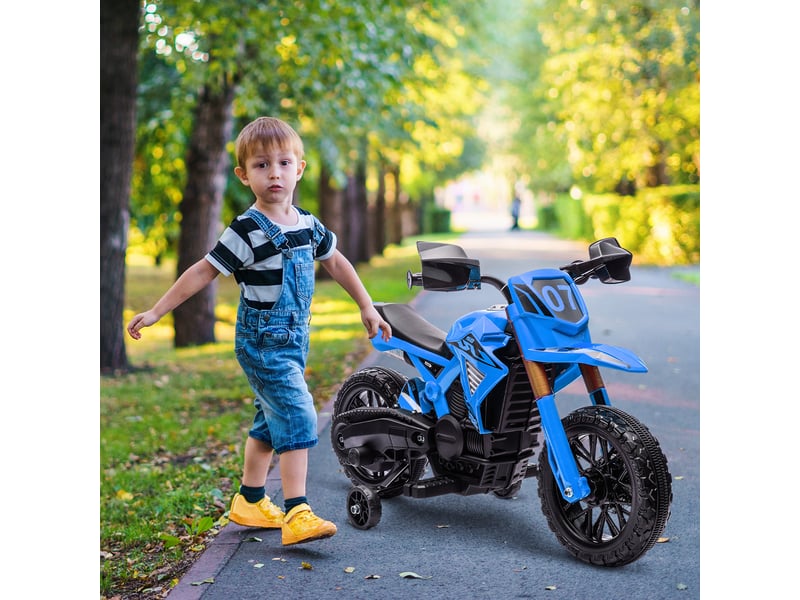 Moto cross électrique pour enfants 3-8 ans, batterie 6 v, 2 moteurs, klaxon et roues d'entraînement, charge 30kg, bleu - Conforama C