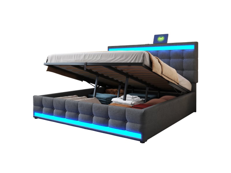 Lit tapissier 180x200 cm avec rangement hydraulique - pour enfant, usb, led couleur changeante, gris lin - Conforama D