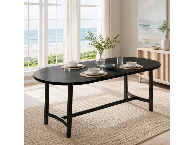 Table de salle à manger pour 6 à 8 personnes avec angles arrondis, pieds en métal, noir, 180 × 80 × 75 cm - Conforama C