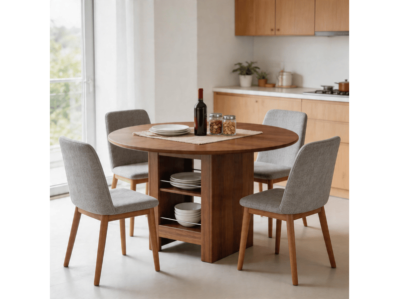  Table basse - table de salle à manger ronde moderne avec compartiments de rangement ouverts, noyer, 100 x 100 x 76 cm  - Conforama D
