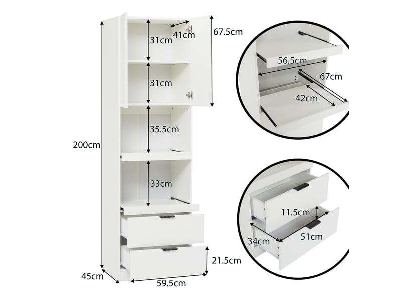  Colonne de cuisine avec 1 porte, 2 tiroirs et 2 étagères ouvertes pour micro-ondes, blanc, 59,5 × 45 × 200 cm  - Conforama D