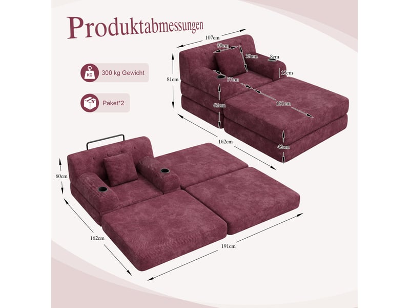 Fauteuil convertible modenvie 1 place avec repose-pieds velours côtelé rouge vin 107 x 162 x 81 cm  - Conforama C