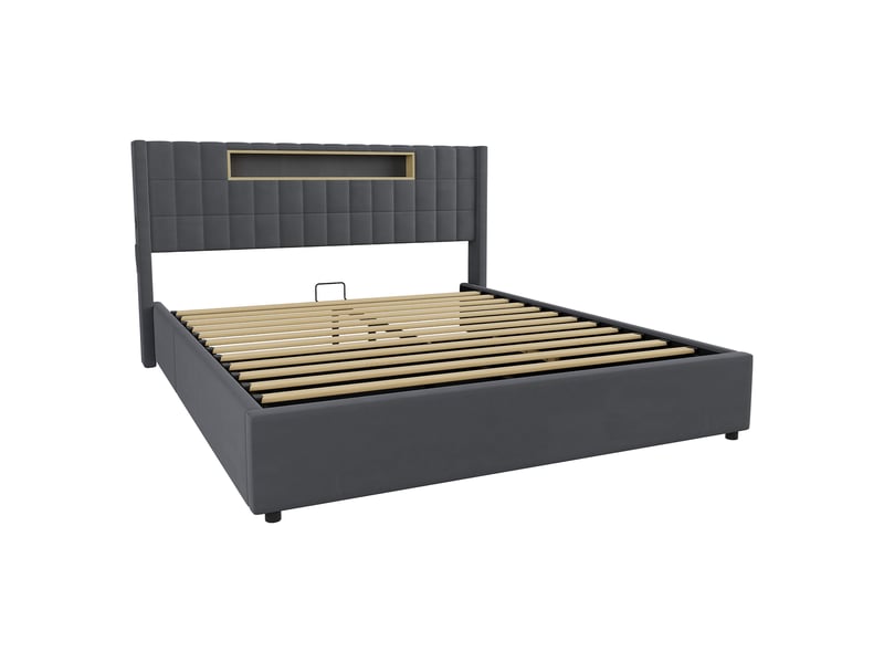  Lit coffre led 180x200 cm, lit double adulte avec recharge usb, tissu gris et métal (sans matelas)  - Conforama E