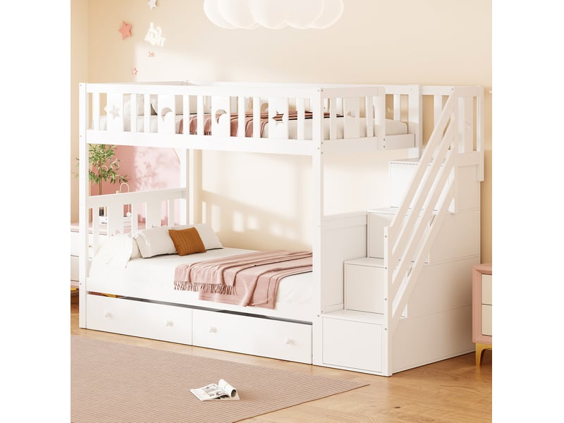 Lit superposé enfant 90x200 cm avec escalier de rangement mdf et bois blanc sans matelas - Conforama B