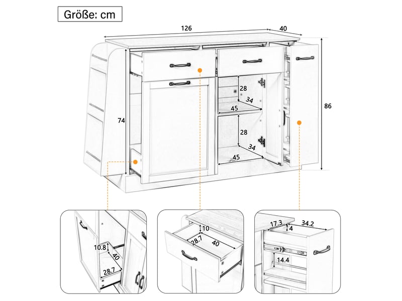  Buffet gris moderne - tiroirs variés, compartiment poubelle, porte-épices externe - salle à manger  - Conforama D